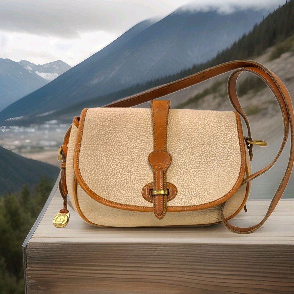 VINTAGE Dooney & Bourke Pebbled Leather Shoulder Bag Beige/Brown Brass Charm